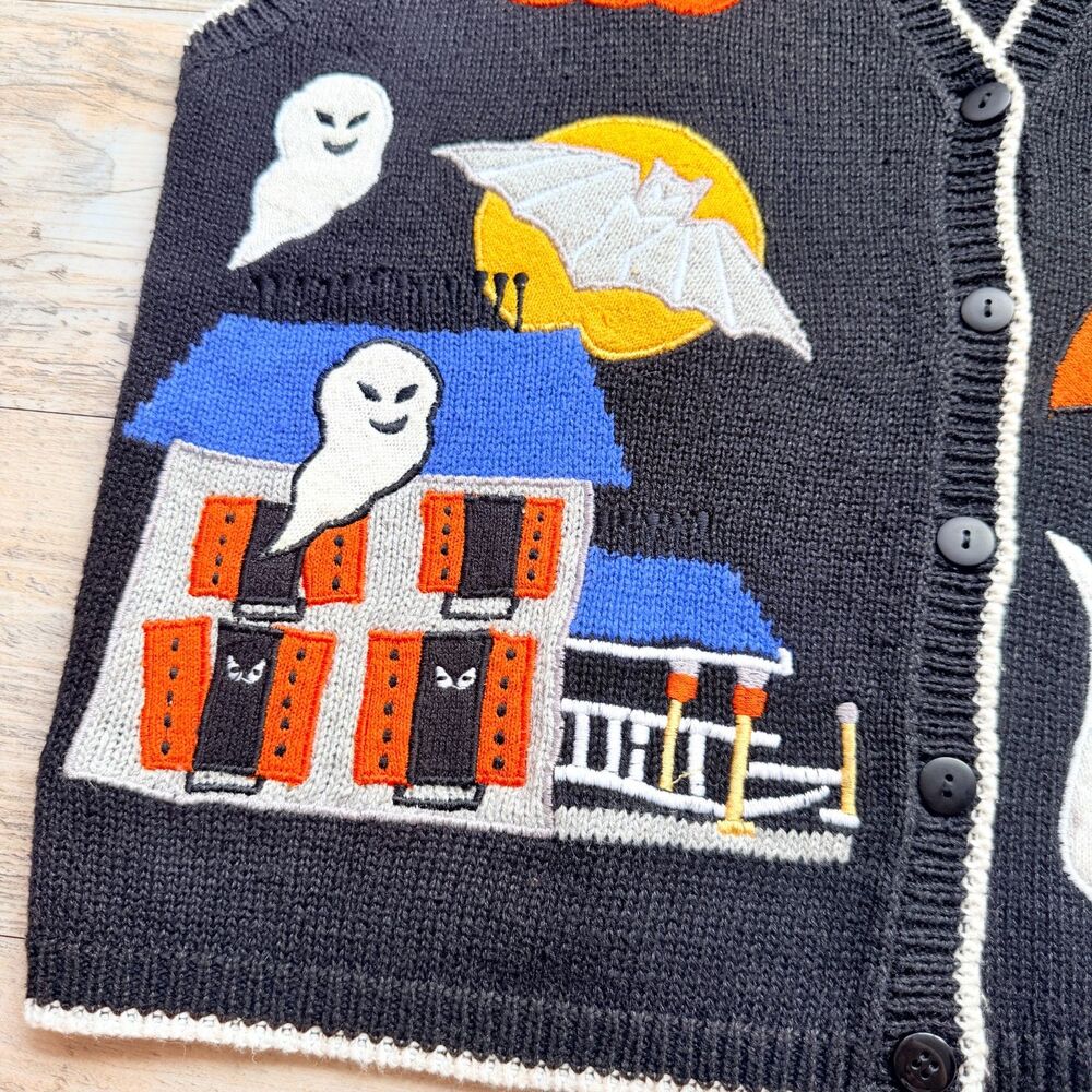 Vintage Halloween Sweater Vest Medium Cats Ghosts Haunted House Trick or Treat - Picture 3 of 10